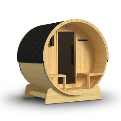 Outdoor Indoor Finland Pine Wet Dry Barrel Sauna 3-5 Person Front Porch Canopy 4.5 Kw ETL Certified Bitumen Shingle Roof