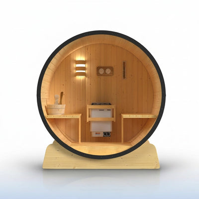 3-Person Capacity Outdoor White Finland Pine Wet/Dry Traditional Barrel Sauna with Black Accents