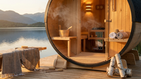 3-Person Capacity Outdoor White Finland Pine Wet/Dry Traditional Barrel Sauna with Black Accents — Lifestyle